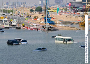 a street without trees is flooded with water